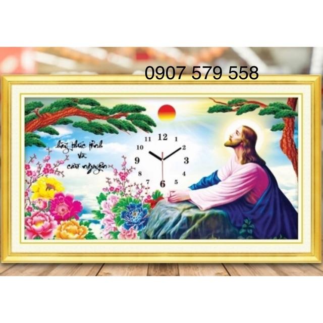 Tranh thêu đồng hồ chúa kt  66x38 cm/ tranh đính đá kt 79x45 cm