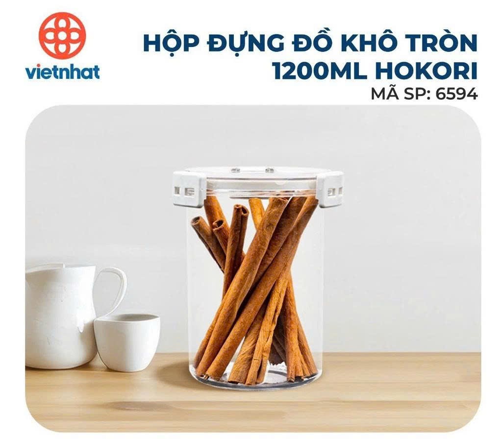 Hộp đồ khô tròn 1200ml Hokori 6594, Hộp nhựa đựng thực phẩm khô, hộp đựng sữa, hộp nhựa nắp đậy kín