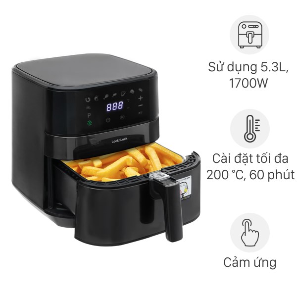 Nồi chiên không dầu Lock&amp;Lock Deluxe Air Fryer EJF284BLK 5.5L - Hàng chính hãng, 8 chế độ cài đặt sẵn - Hapos