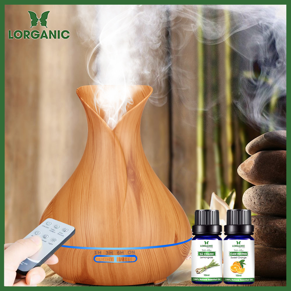 Combo máy khuếch tán/ máy xông tinh dầu bình hoa + tinh dầu sả chanh + tinh dầu cam Lorganic