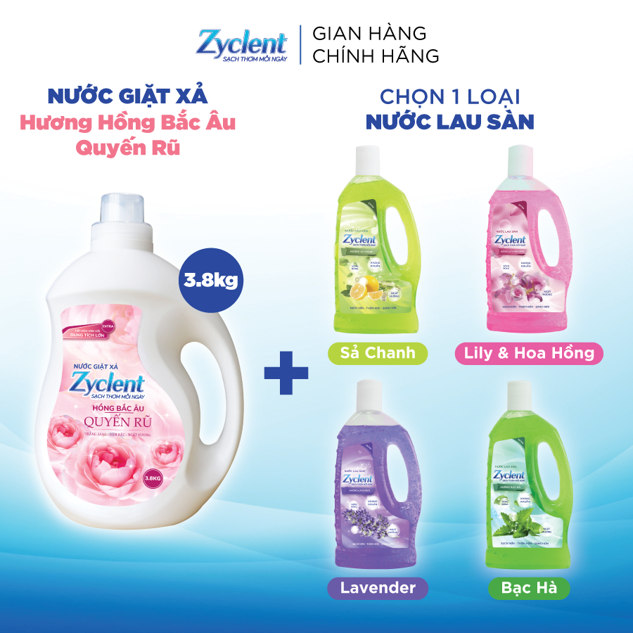 [COMBO TIẾT KIỆM] Nước giặt xả Zyclent Extra 3,8KG + Nước lau sàn Zyclent 1KG (TẶNG Nước rửa chén 425G)