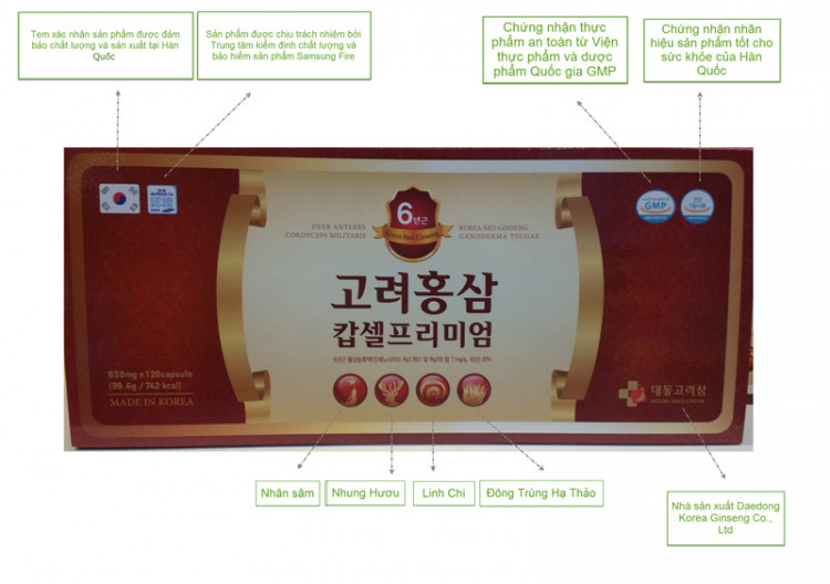 Nhận diện tem trên hộp viên hồng sâm đông trùng linh chi nhung hươu Daedong Korean ginseng