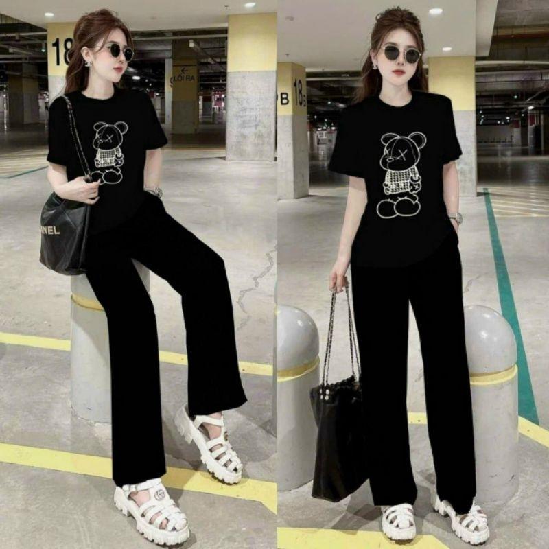 Đồ bộ thun nữ có bigsize quần dài ống suông quần ống rộng áo thêu hình gấu, sét bộ đi chơi đi làm, bộ đồ mặc nhà xinh