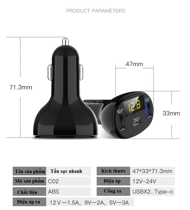 Tẩu sạc nhanh trên ô tô thông minh tích hợp 2 cổng USB và 1 cổng Type-C ( Tặng kèm 03 nút kẹp cao su đa năng ngẫu nhiên )