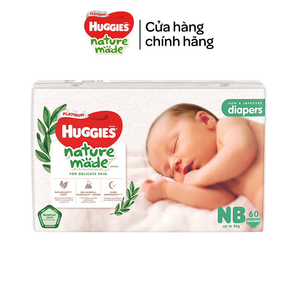 Tã/Bỉm dán sơ sinh Huggies Platinum NatureMade - Gói Super Jumbo S82/ NB60 - Hàng chính hãng