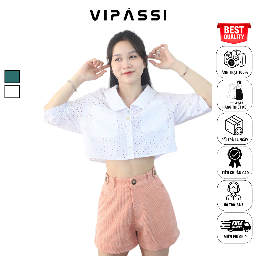 VIPÁSSI Áo Sơ Mi Nữ Tay Ngắn Ren Chấm Bi Cài Nút 2 Túi Đối Xứng