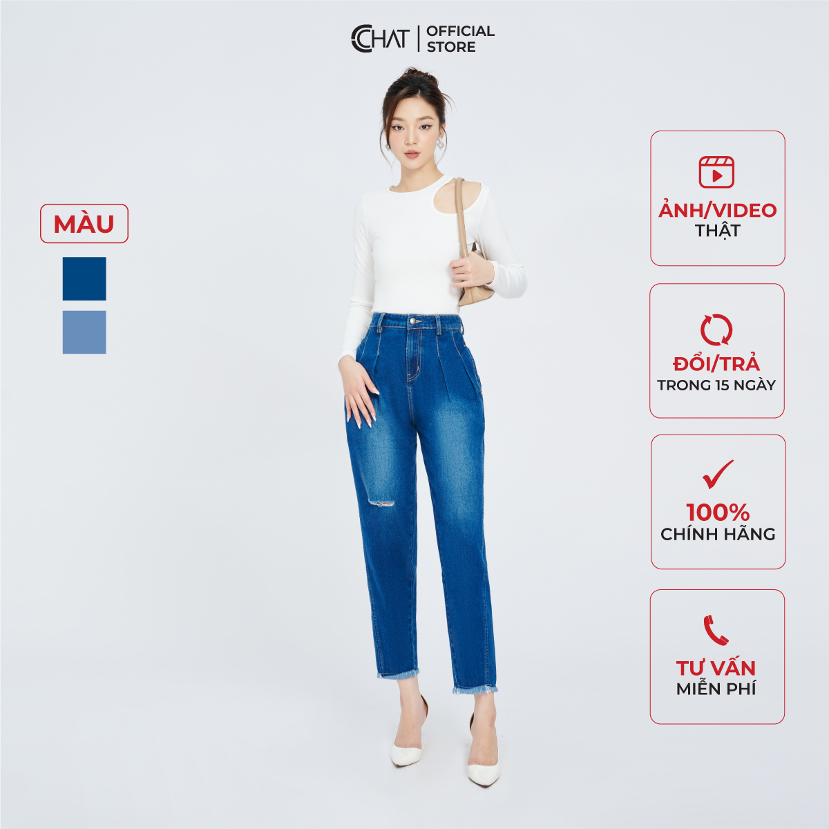 Quần Jean Nữ Dáng Baggy 2 Ly Rua Gấu Chất Vải Dày Dặn 22GDJ2013BH