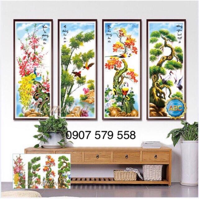 Tranh đính đá tứ quý kt 125x80 cm / tranh thêu chữ thập thêu kin kt 146x100 cm