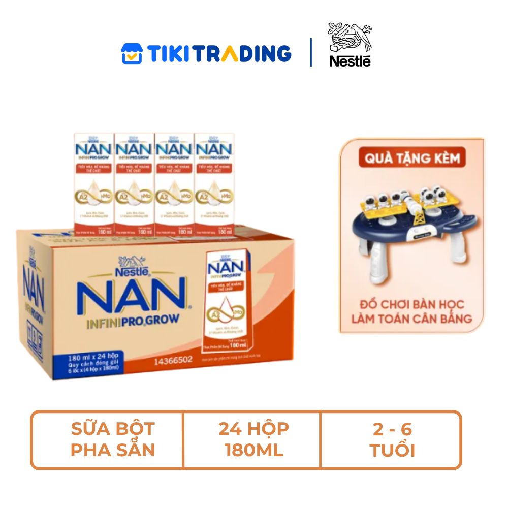 [Tặng Đồ chơi toán học] Thùng 24 hộp sữa pha sẵn Nestle NAN INFINIPRO GROW kết hợp A2, HMO hỗ trợ tiêu hóa, đề kháng &amp; phát triển thể chất 180ml