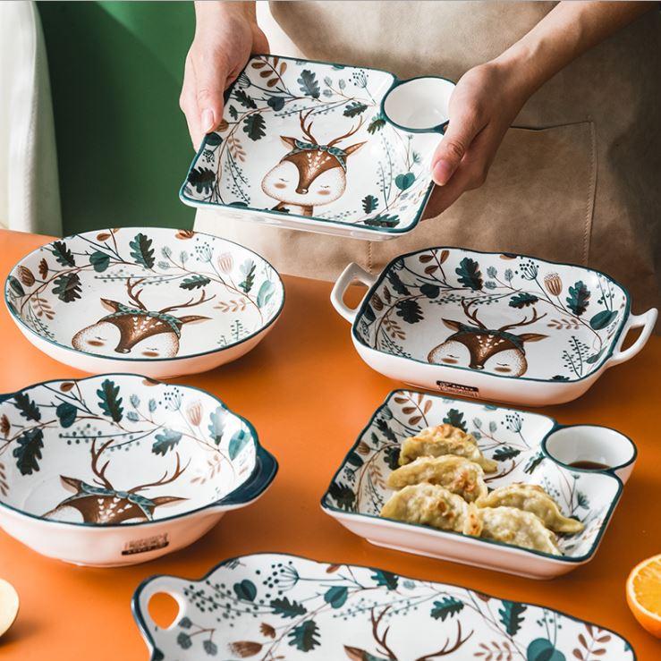Bộ chén bát ăn cơm, đĩa khay gốm sứ Nai decor cao cấp