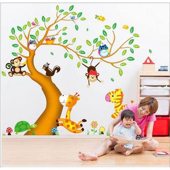 Decal dán tường combo Vườn bách thú + 5 khỉ đu dây