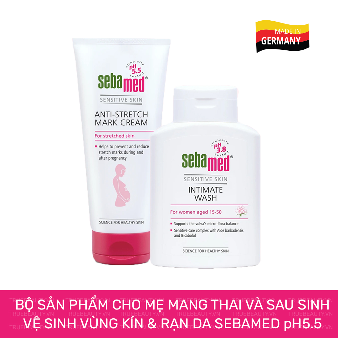 Bộ sản phẩm cho mẹ mang thai và sau sinh VỆ SINH VÙNG KÍN &amp; RẠN DA Sebamed pH5.5 TẶNG SỮA RỬA MẶT VÀ TẮM TOÀN THÂN SEBAMED pH5.5 (50ml)