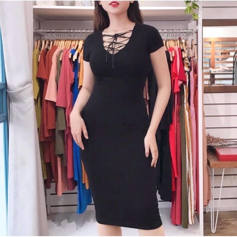 F664 Đầm ôm body cổ tim đan dây