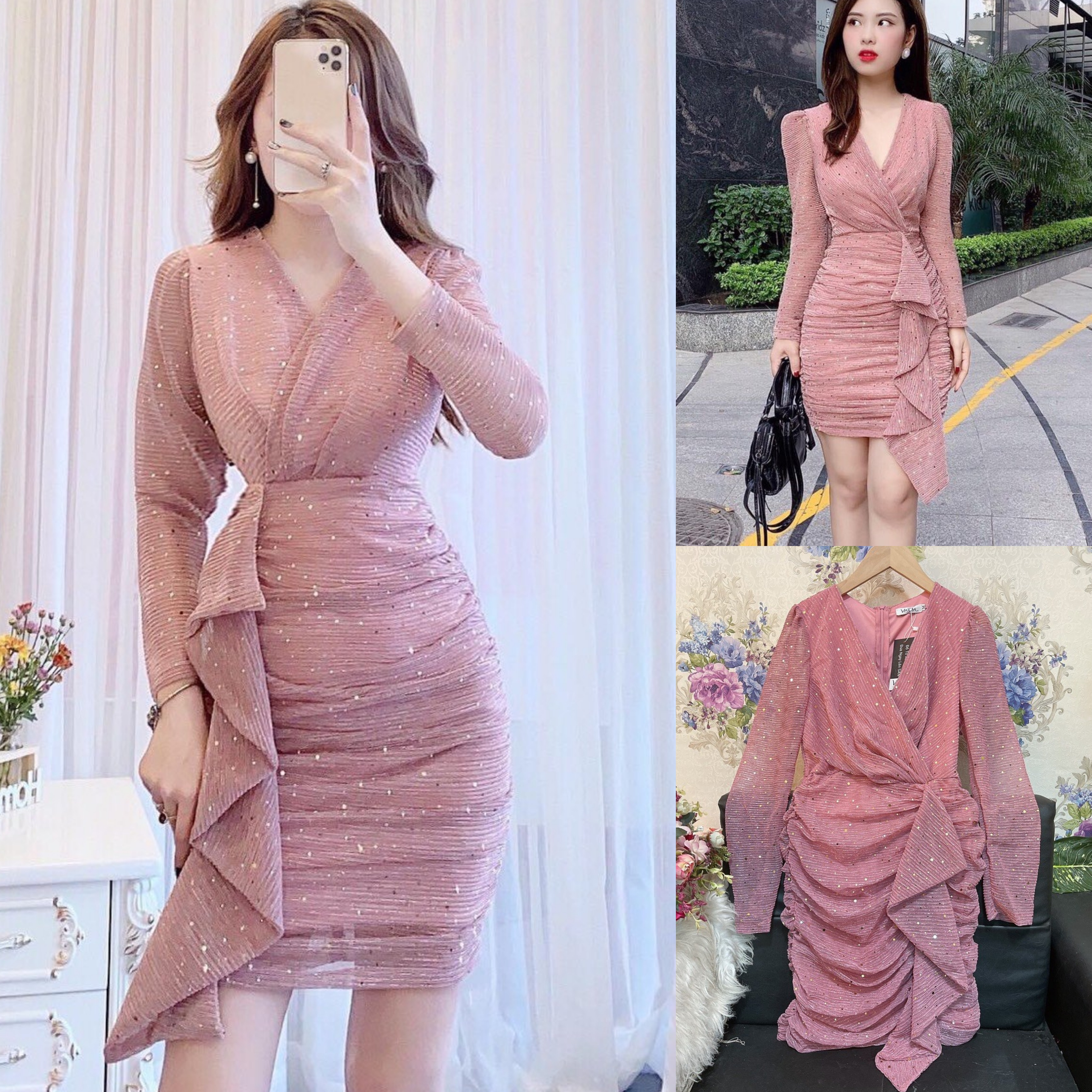 Đầm Body Nhũ Kim Tuyến Hạt thân nhúng eo phối bèo HÀNG THIẾT KẾ