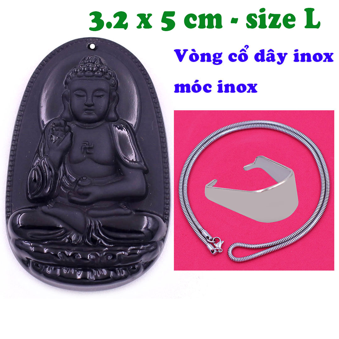 Mặt Phật A di đà đá thạch anh đen 5 cm kèm dây chuyền inox rắn - mặt dây chuyền size lớn - size L, Mặt Phật bản mệnh