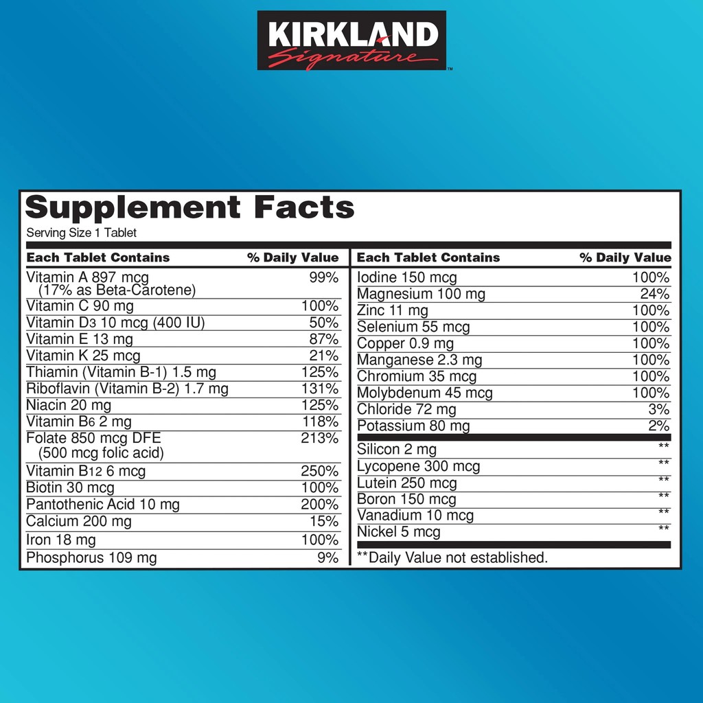 Vitamin tổng hợp cho người dưới 50 tuổi Kirkland Signature Multivitamin Bổ sung khoáng chất cho cả nam và nữ, tăng cường hệ miễn dịch, giảm căng thẳng mệt mỏi - OZ Slim Store