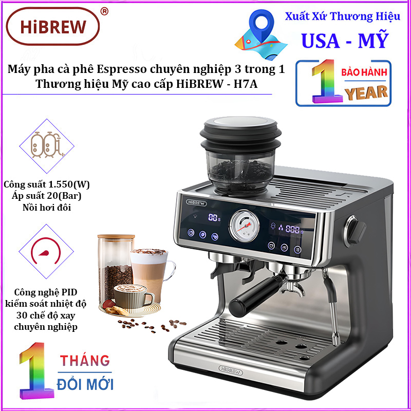 Máy pha cà phê Espresso chuyên nghiệp 3 trong 1, thương hiệu Mỹ cao cấp HiBREW H7A. HÀNG CHÍNH HÃNG