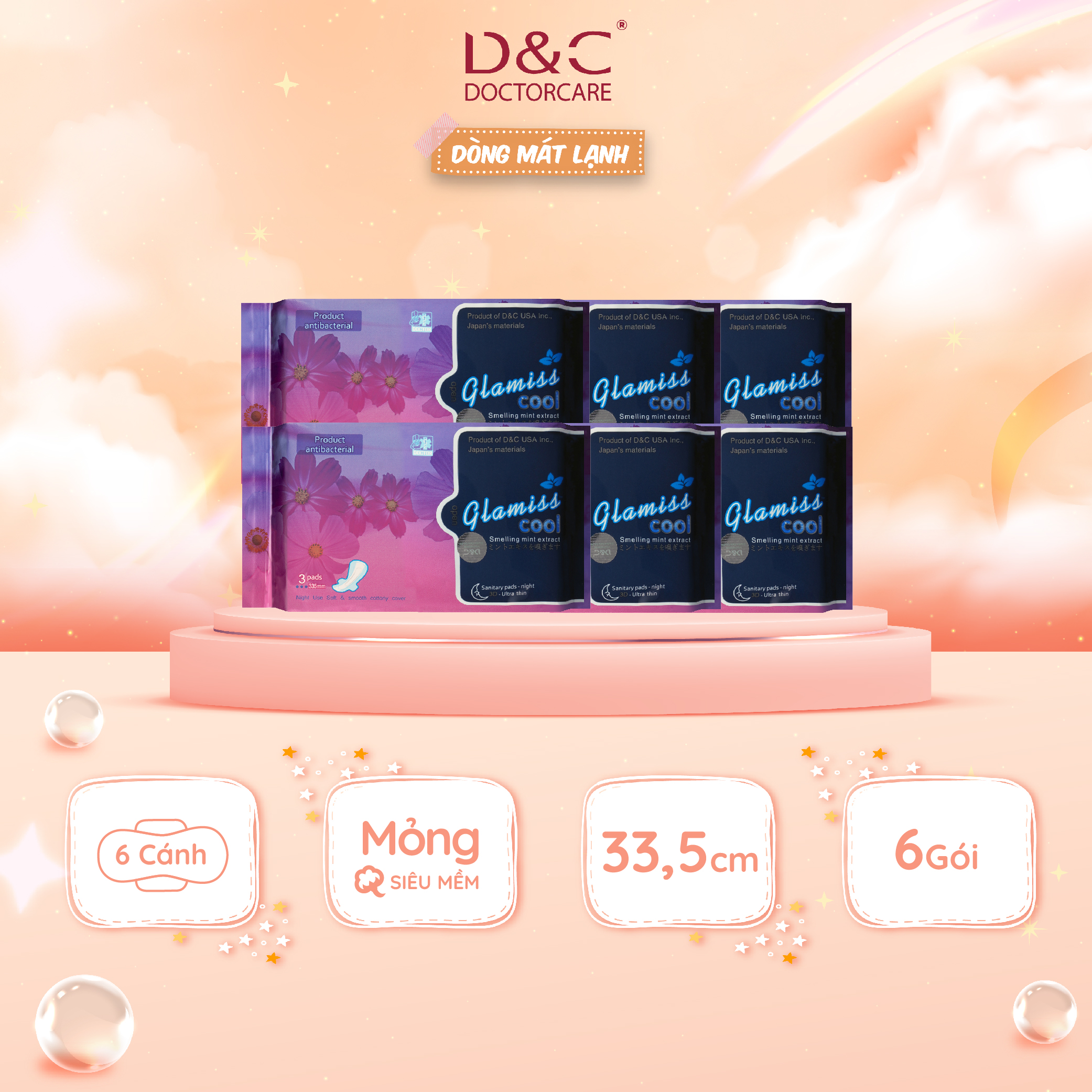 Combo 6 Băng Vệ Sinh Ban Đêm Glamiss Cool Thảo Dược 33.8Cm Siêu Mát Siêu Khô Thoáng