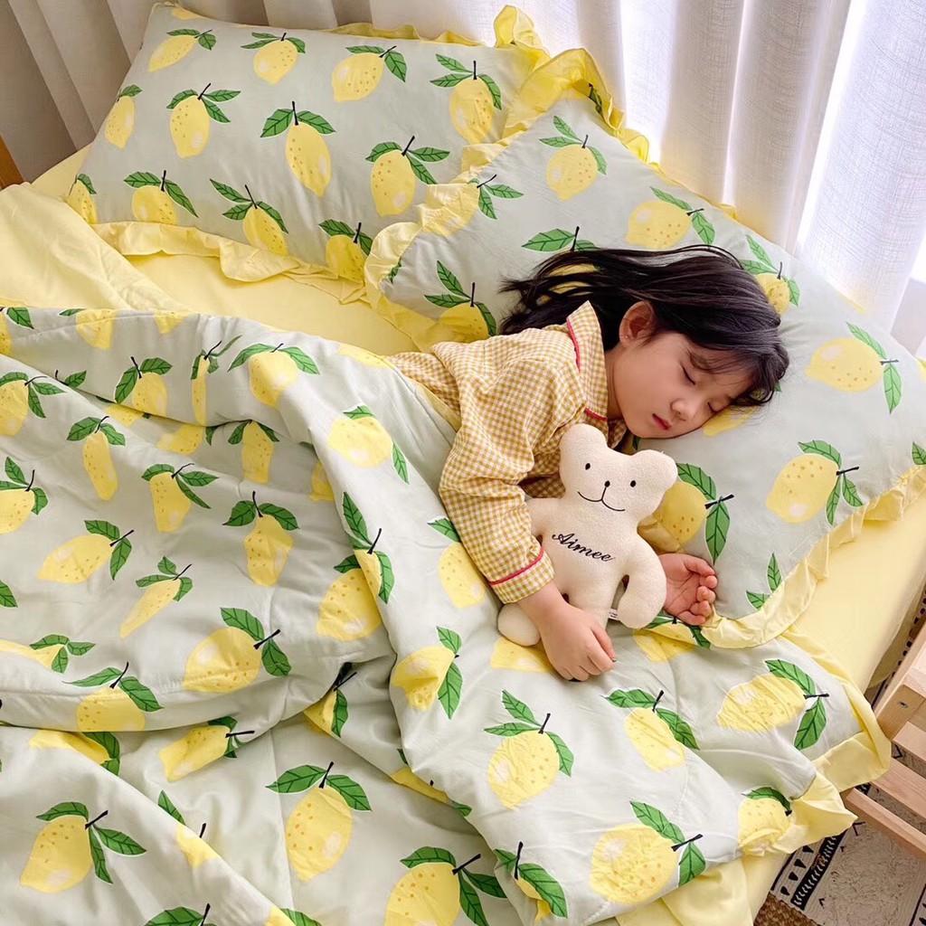 Bộ chăn đũi hè vỏ ga và 2 vỏ gối M2T bedding chăn lót bông thiết kế phối bèo họa tiết quả chanh đào