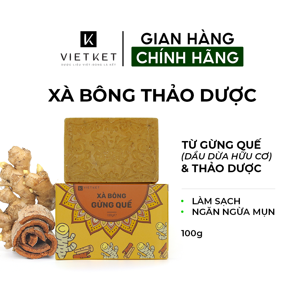 Cục Xà Bông Gừng Quế VIETKET DDHC 100g - Làm Sạch, Giảm Mụn Lưng, Sáng Da, Duy Trì Độ Ẩm, Hương Thơm Thảo Dược