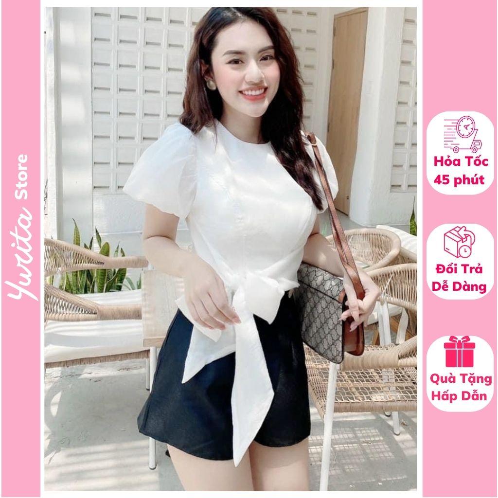 Áo Croptop Cột Nơ Eo YURITA Tay Bồng Khoá Sau Phong Cách Hàn Quốc Tiểu Thư Đủ Màu Dễ Phối Đồ