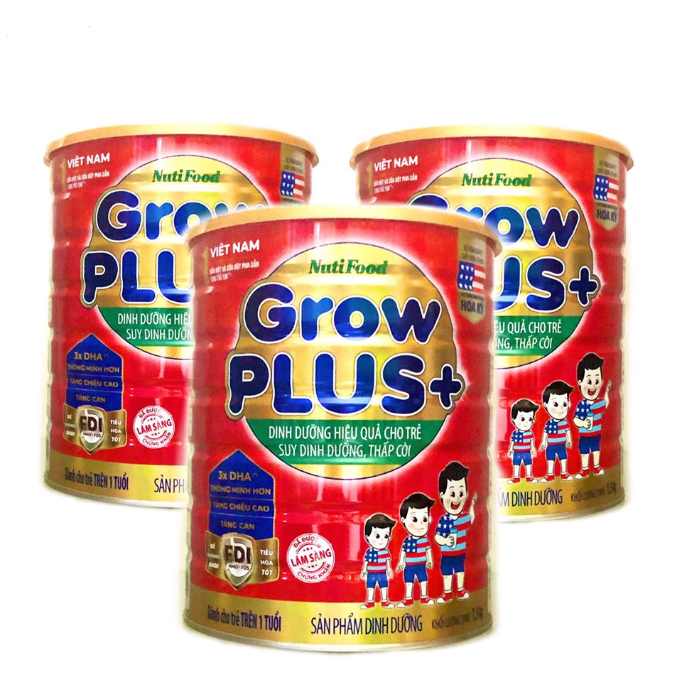 Bộ 3 lon sữa bột GrowPLUS+ Đỏ 1500 Gr : sữa dành cho trẻ từ 1- 10 tuổi bị suy dinh dưỡng thấp còi (mẫu mới) của NutiFood