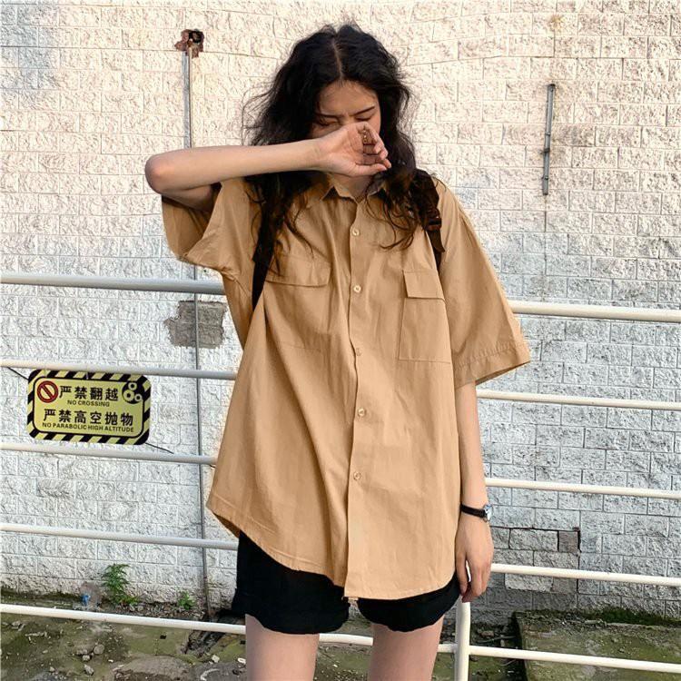 Áo sơ mi túi nắp nam nữ Cheapy cộc tay form rộng màu trắng đen xanh be cam học sinh hàn quốc vintage