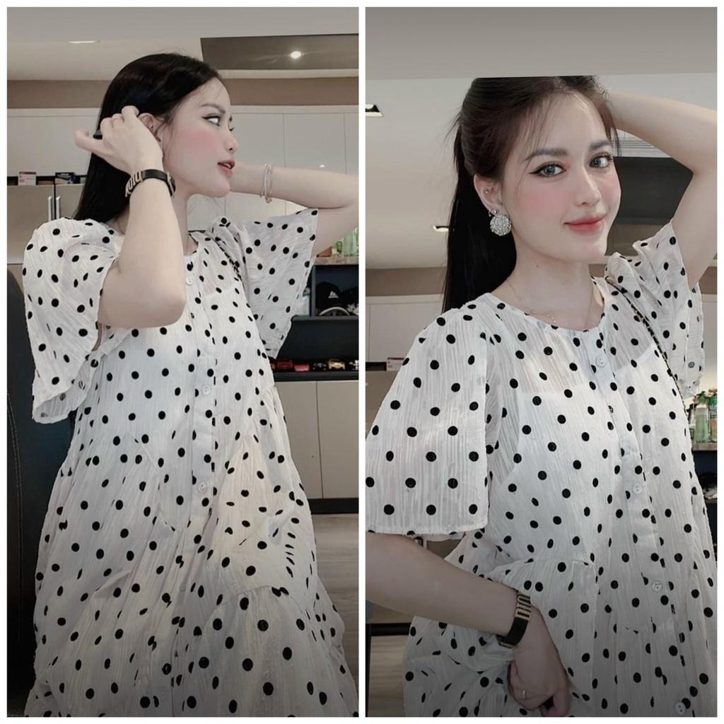 Đầm Bầu Váy Bầu Mùa Hè Chấm Bi Thiết Kế Xinh Xắn Sang Chảnh 2 Lớp Cúc Mở M536 Mom and Baby