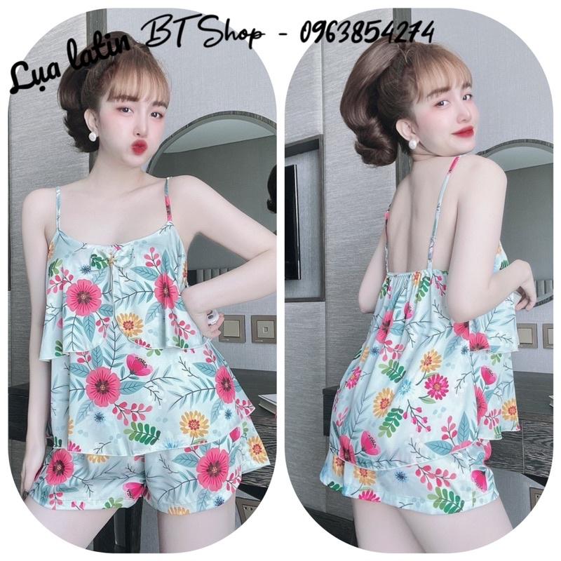 Đồ ngủ mặc nhà lụa latin 2 dây đùi hoạ tiết freesize 42-57kg