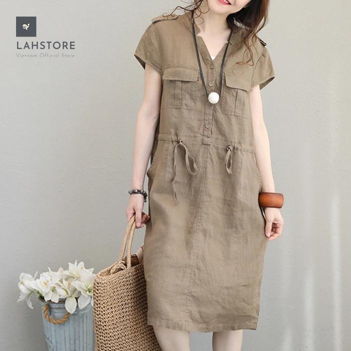 Đầm linen nữ dáng suông cổ V túi hộp dây thắt eo LAHSTORE phong cách Hàn Quốc