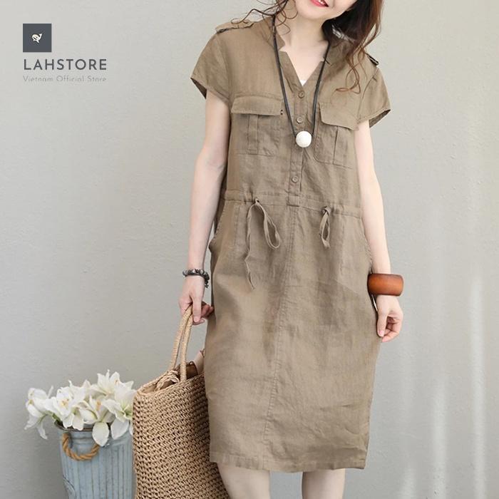 Đầm suông linen nữ cổ V túi hộp dây thắt eo LAHSTORE