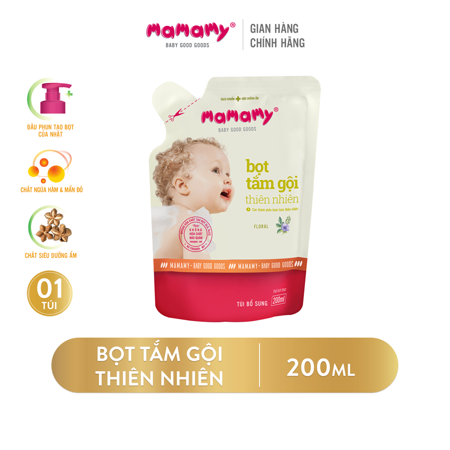 Túi Bổ Sung Bọt Tắm Gội Thiên Nhiên Mamamy an toàn cho bé Hương Floral 200ml