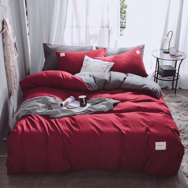 Bộ Vỏ Chăn Ga Gối Cotton Tici 100% - Màu Xám-Đỏ