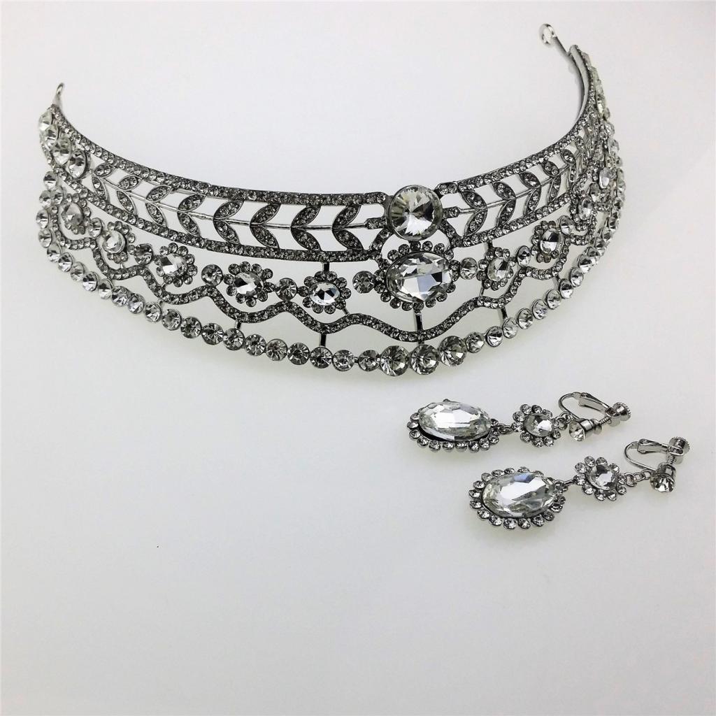 Wedding Diamante Rhinestone Baroque Tiara Crown Earrings Jewelry Set