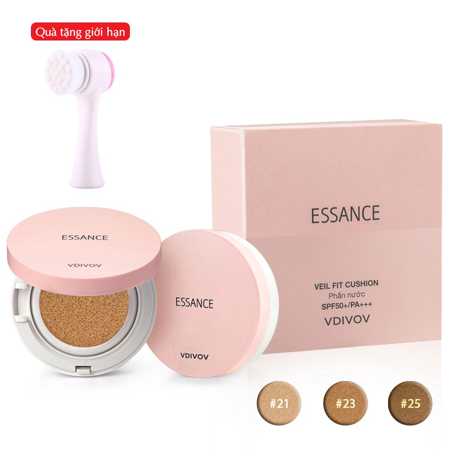 Combo Phấn nước mịn lâu trôi mờ khuyết điểm Essance Veil Fit Cushion SPF50+ PA+++ No 23 và Mascara Essance dày và cong mi Tặng cọ rửa mặt