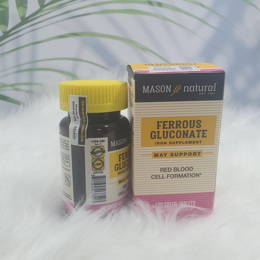 Viên uống bổ sung sắt hữu cơ Mason Natural Ferrous Gluconate hỗ trợ giảm hoa mắt chóng mặt do thiếu máu bảo vệ tim mạch