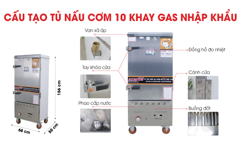 Tủ Nấu Cơm 30 Kg Gạo/ Mẻ Bằng Gas 10 Khay Nhập Khẩu NEWSUN - Hàng Chính Hãng