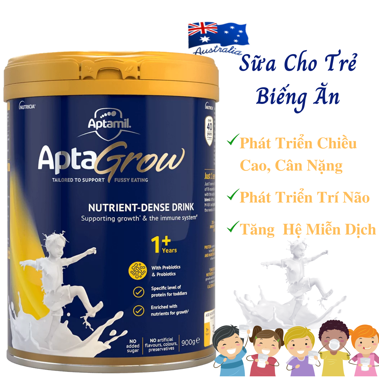 Sữa Cho Trẻ Biếng Ăn Aptamil AptaGrow 1+ NK Úc Giàu Chất Dinh Dưỡng, Vitamin Và Khoáng Chất Giúp Bé Phát Triển Chiều Cao, Cân Nặng, Trí Não, Tăng Chức Năng Hệ Thống Miễn Dịch – Lon 900g