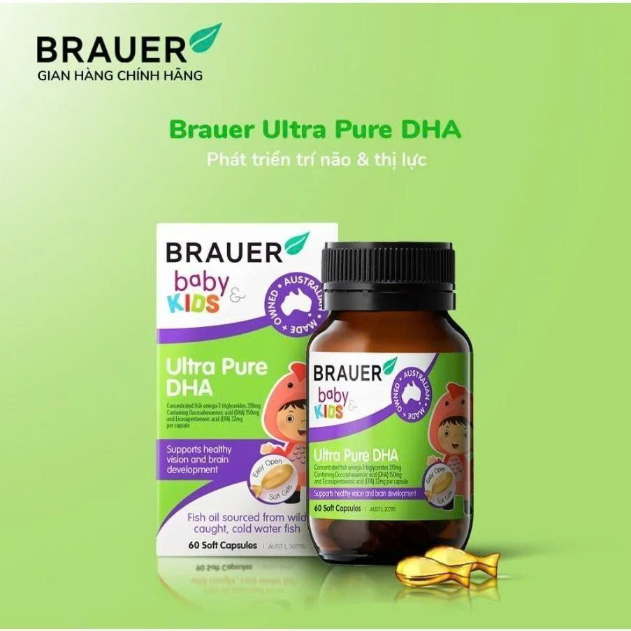 Viên uống Vitamin Brauer Ultra Pure DHA Bổ sung DHA tinh khiết cho trẻ từ 7 tháng 60 Viên