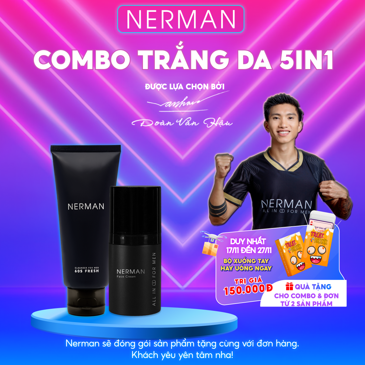 Combo dưỡng trắng da Nerman dùng cho nam giới bao gồm 1 Gel rửa mặt 100ml và 1 kem dưỡng trắng 30g