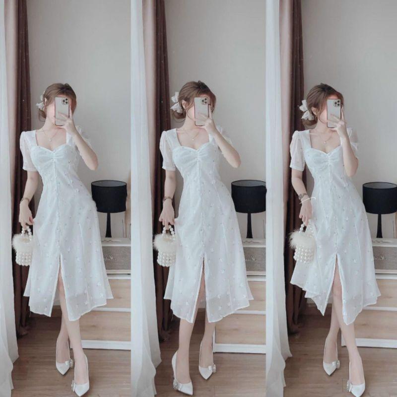 Đầm midi nữ hoa trắng nhíu ngực đính hạt Sunny Dress