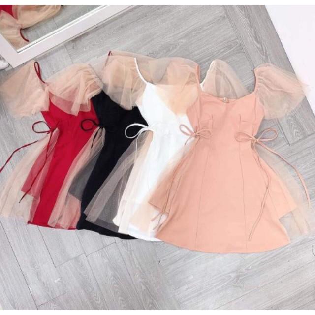 Đầm Dự Tiệc Tay Lưới Phồng Phối Lưới Viền Bên Hông