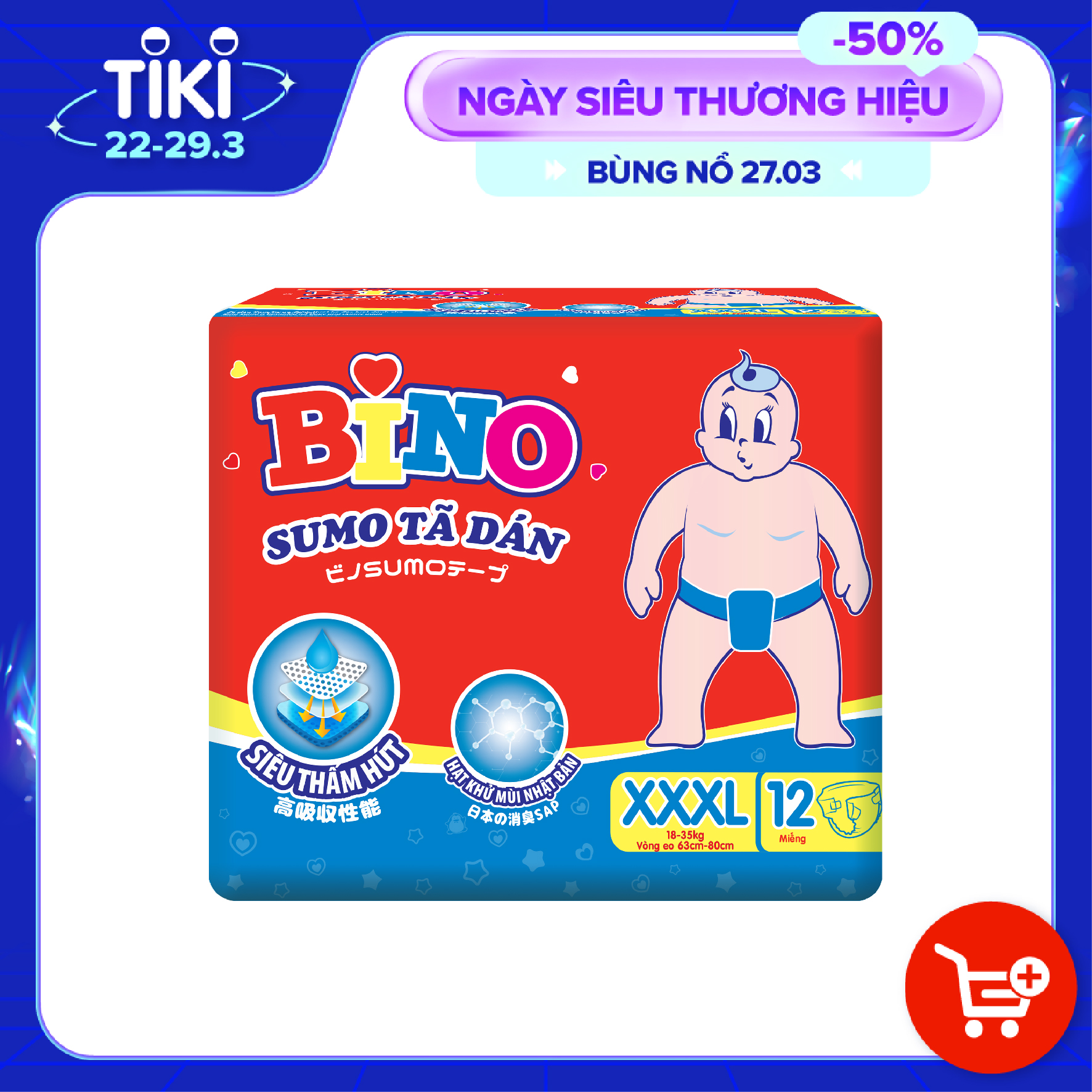 Tã dán Bino Sumo size XXXL12 công nghệ Nhật Bản lõi siêu thấm hút