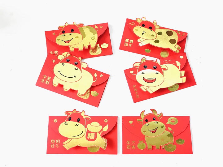 (Mẫu 2) Set 6 bao lì xì con trâu 3D cute nhũ vàng 2021, dùng để đựng thiệp chúc, tiền lì xì, mừng tuổi dễ thương và ý nghĩa - TMT Collection - SP005090