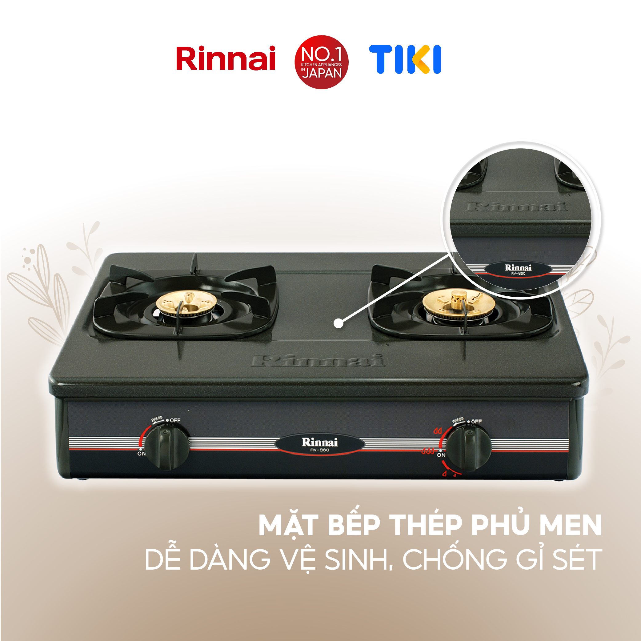 Bếp gas dương Rinnai RV-860GSB(M) mặt bếp men và kiềng bếp men - Hàng chính hãng.