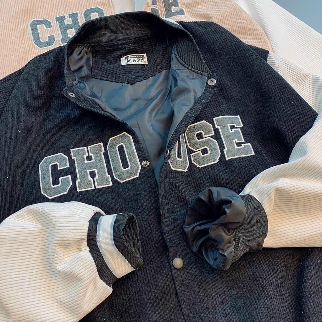 Hình ảnh Áo khoác nữ bomber nhung gân 2 lớp cực xịn CHOOSE chất nhung mịn logo thêu khoác ngoài thời trang