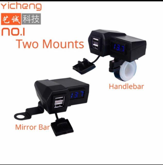 Bộ sạc điện thoại trên xe máy kèm đồng hồ báo vôn ắc quy 2in1 gắn chân gương mẫu mới loại tốt lắp các xe