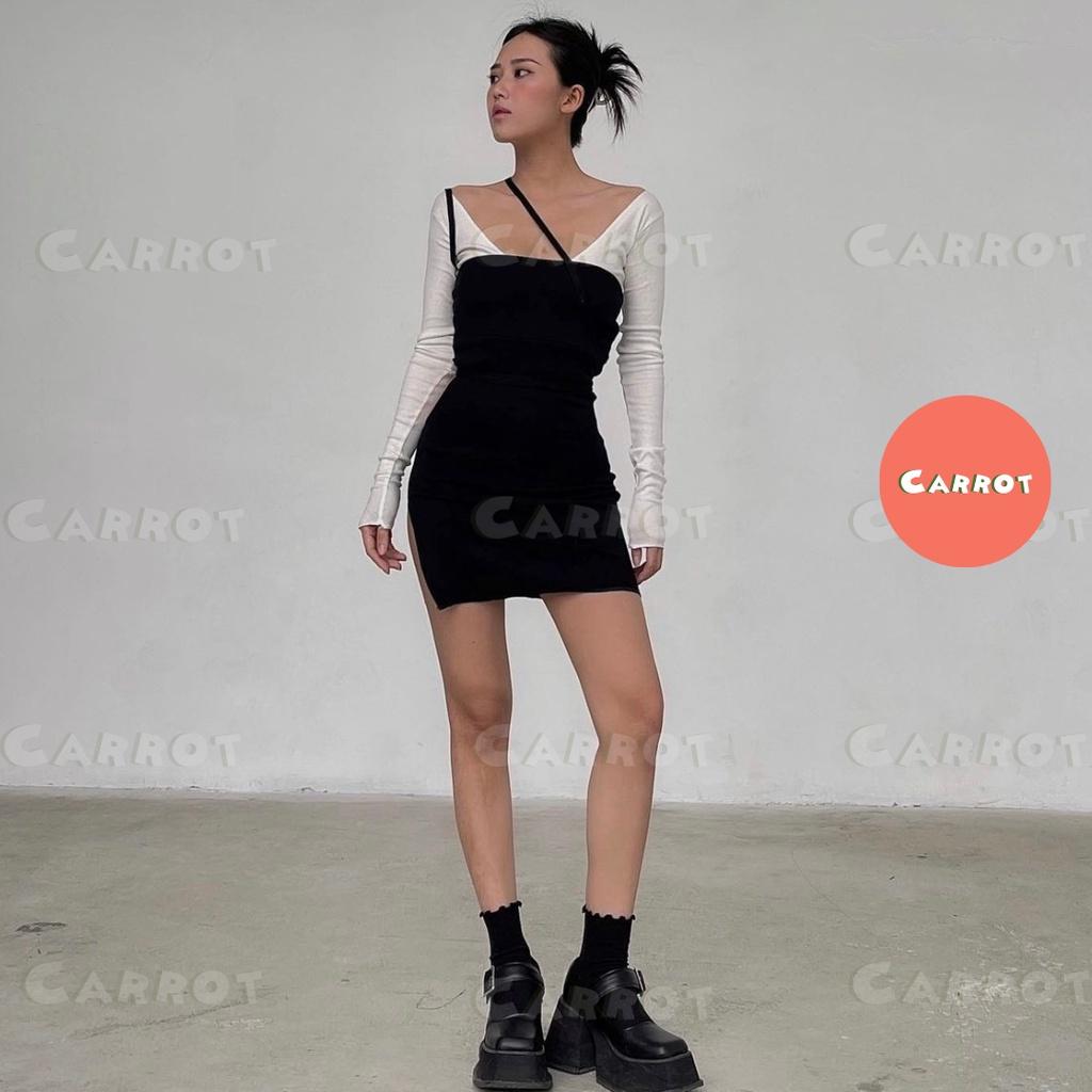 Đầm body sexy tay dài carrotxinhdep váy ôm eo ôm ngực màu đen ngắn dự tiệc chất thun gân co giãn tặng kèm áo trắng