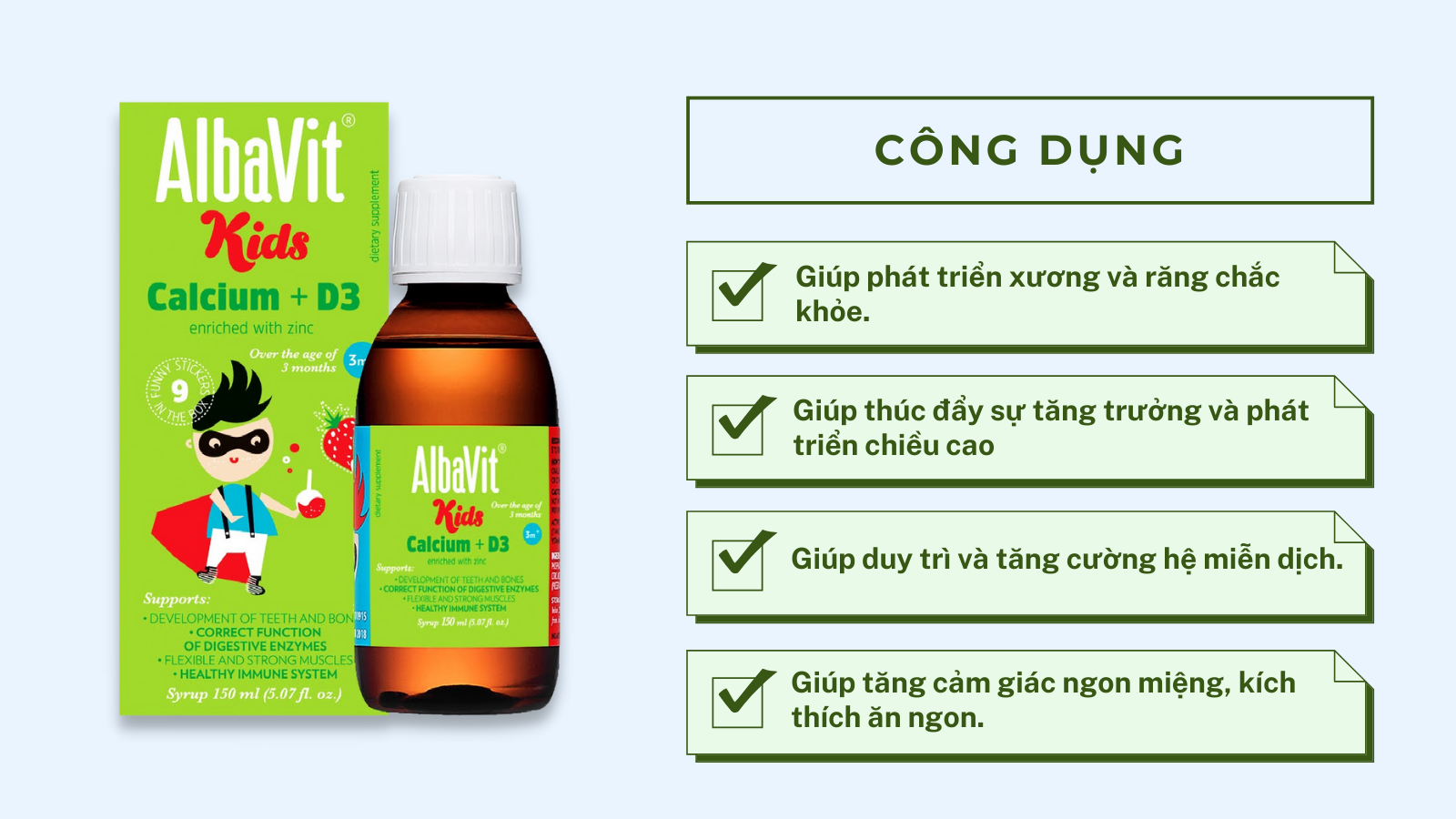 Siro Albavit Kids Calcium + D3 hỗ trợ phát triển chiều cao, xương và răng chắc khoẻ (Chai 150ml)