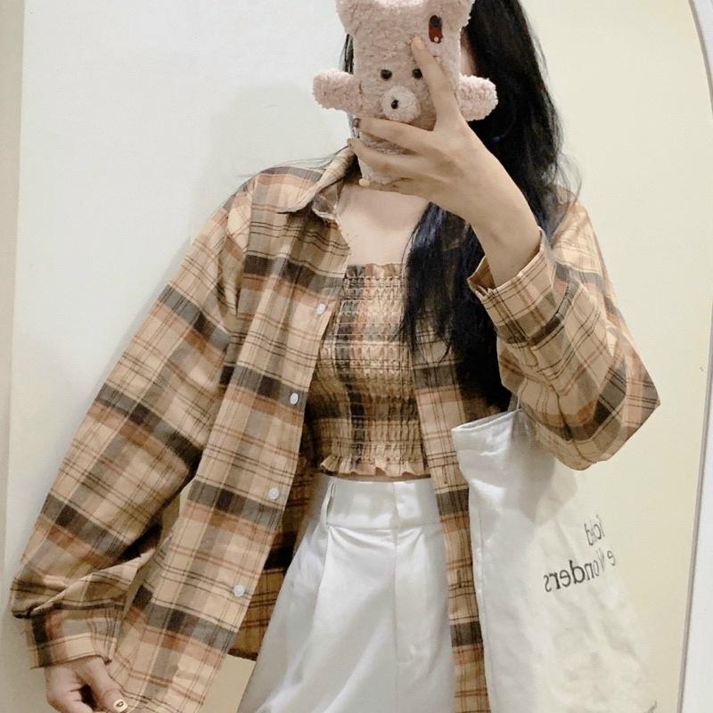 Set Áo Khoác Sơmi Caro Kèm Áo Ống Cute Tay Áo Phồng Ảnh Thật Lung Linh, Áo Sơ Mi Khoác Ngoài Cao Cấp Siêu Đẹp, áo sơ mi sọc tay dài
